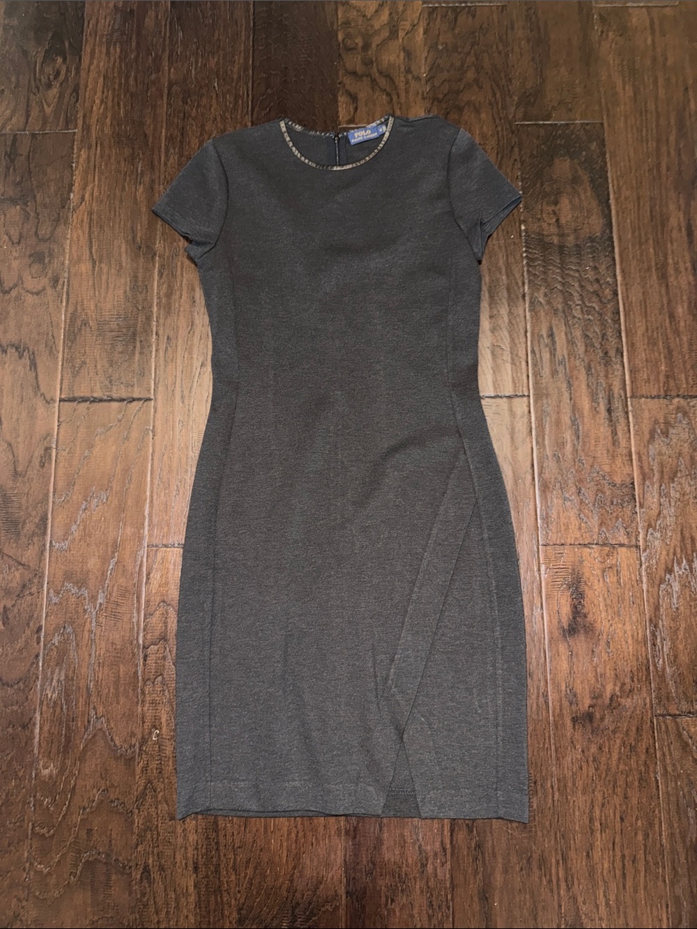 Polo Ralph Lauren Short Sleeve Leather Faux -Neck Sheath Dress in Charcoal Small